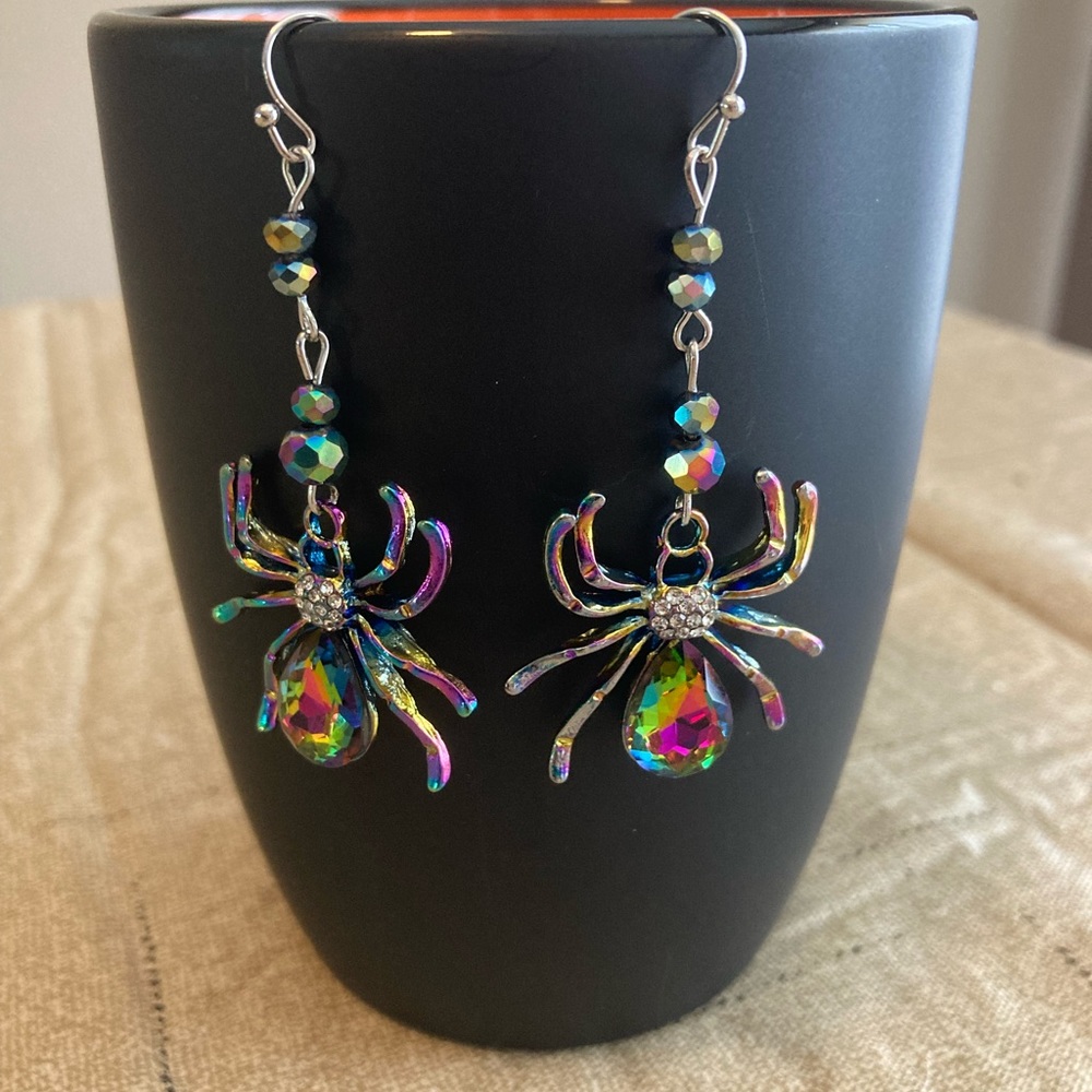 Halloween Colorful Rhinestone Spider Design Dangle Earrings